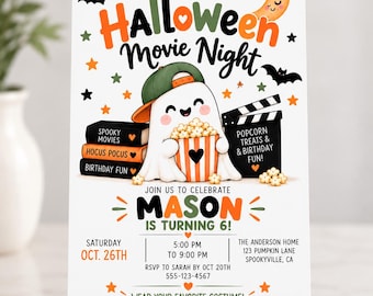 Halloween Movie Night Birthday Invitation, Editable Halloween Boys Party Invite, Digital Download