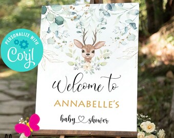 Deer Baby Shower Welcome Sign: Woodland Theme (Editable, Instant Download)