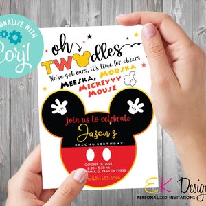 Mouse Ears Birthday Invitation Oh TwoDles Second  Birthday Party Invite EDITABLE Digital Download