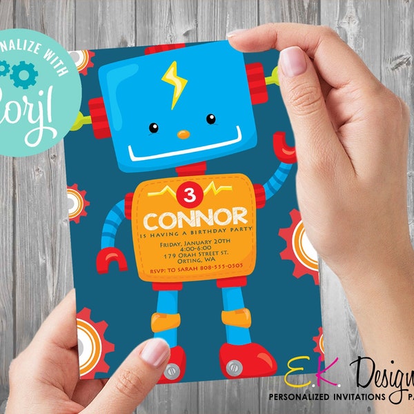 Robot Birthday Party Invitation, Robot Birthday Invite, Robot Party Invite, Robot Theme, Robots Party Invitation, Corjl EDITABLE Template