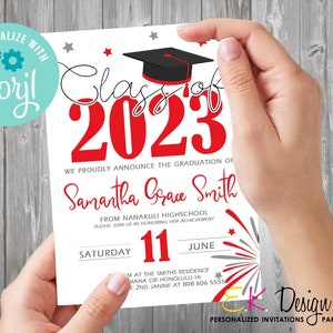 Graduation 2024 Invitation, Red Grad Invite, Graduation Party Invite, Class of 2024 Celebration, Instant Download, Corjl EDITABLE Template image 2