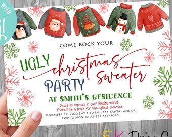May include: A white invitation with red, green, and blue text. The invitation is for an Ugly Christmas Sweater Party at Smith's Residence on December 18, 2022 at 5:30 PM. The address is 555 Santa Lane Dr. RSVP to Monica at 888-555-5030. The invitation features a cartoon illustration of five Christmas sweaters with different designs.