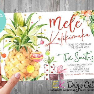 Editable Mele Kalikimaka Christmas Invitation Tropical Christmas Party Invite Hawaiian Style Holiday Party Instant Download, Corjl Template