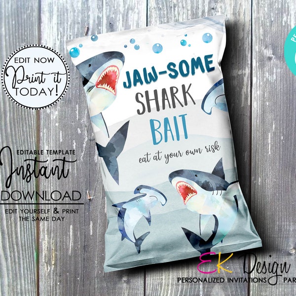 Shark Chip Bag, Shark Tag, Sharks Birthday Favor Chip Bag Template, Shark Attack Chip Bag, Shark Theme Instant Download