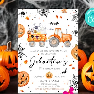 Pumpkin Patch Birthday Invitation, Spooky Halloween Party (Editable Digital Download)