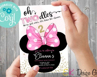 INSTANT DOWNLOAD Girls Mouse Ears Invitation, Girls 2nd Birthday, Oh Twodles Invite, Girl Theme Invitation, Corjl EDITABLE Template