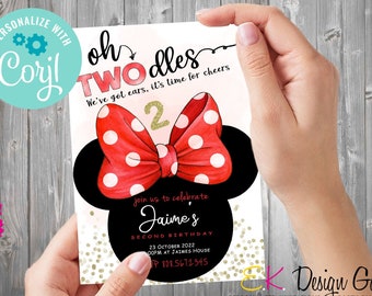 INSTANT DOWNLOAD Girls Mouse Ears Invitation Red Bow, Girls 2nd Birthday, Oh Twodles Invite, Girl Theme Invitation, Corjl EDITABLE Template