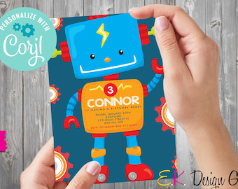 Robot Birthday Party Invitation, Robot Birthday Invite, Robot Party Invite, Robot Theme, Robots Party Invitation, Corjl EDITABLE Template