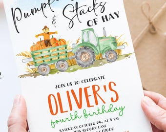 Pumpkin Patch Birthday Invitation: Tractors, Hayride Invite (Editable, Digital Download)