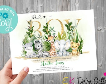Wild Safari Baby Shower Invitation: It’s a Boy,  Animals Invite (Editable, Instant Download)