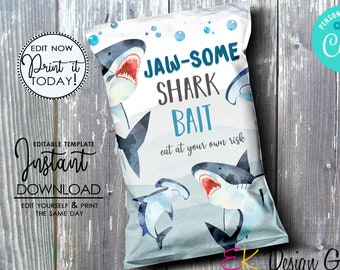 Shark Chip Bag, Shark Tag, Sharks Birthday Favor Chip Bag Template, Shark Attack Chip Bag, Shark Theme Instant Download