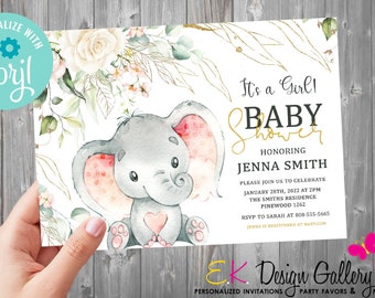 INSTANT DOWNLOAD Elephant Baby Shower Invitation, Girl Baby Shower Invite, It's A Girl Baby Shower Invitation, Corjl EDITABLE Template