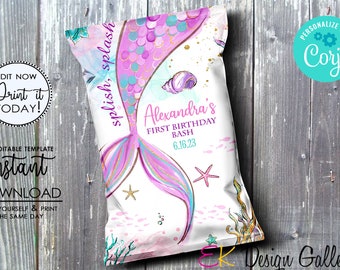 Mermaid Chip Bag, Mermaid Birthday Snack Favor, Under The Sea Party (EDITABLE, Digital Download)