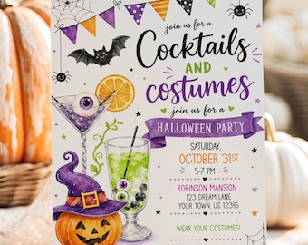 Cocktails & Costumes Halloween Invitation, Editable Adult Halloween Party Invite, Digital Download