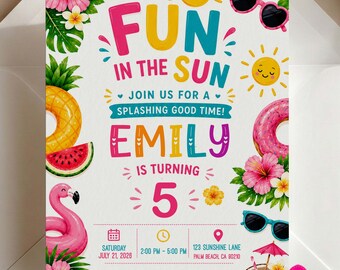 Fun In The Sun Birthday Invitation Template, Editable Tropical Summer Party Invite (Instant Download)