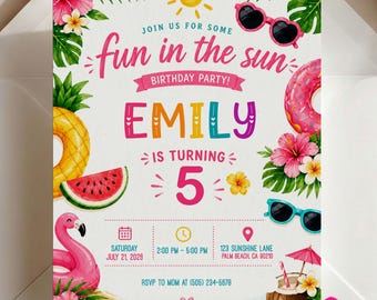 Tropical Summer Birthday Invitation Template, Editable Fun In The Sun Party Invite (Instant Download)