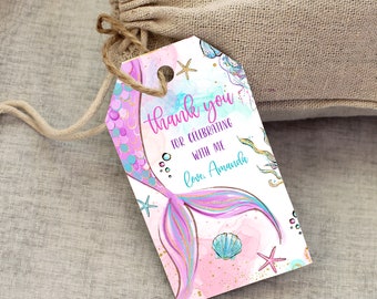 Mermaid Tail Thank You Tag, Ocean Theme, Editable Birthday Favor Label (Digital Download)