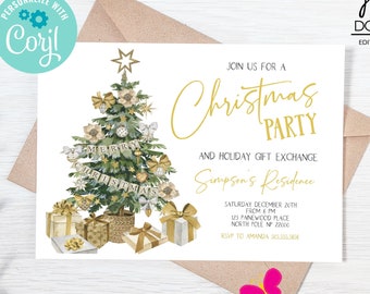 May include: A white Christmas party invitation with a gold glitter font. The invitation features a watercolor illustration of a Christmas tree with gold ornaments and presents. The text reads "Join us for a Christmas Party and Holiday Gift Exchange, Simpson's Residence, Saturday December 20th from 6 PM, 123 Pinewood Place, North Pole NF 27000, RSVP to Amanda 555-555-5555".
