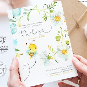 Bee Birthday Invitation, Daisy Flower Honey Bee Theme Party Invite (Editable, Instant Download)