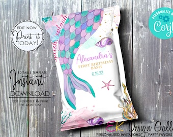 Mermaid Chip Bag: Under The Sea Party Favor Wrap (Editable, Digital Download)