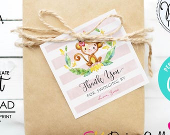 Monkey Thank You Tag: Editable Birthday Favor Label (Instant Download)