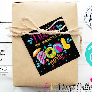 May include: A wrapped gift with a black tag that says "Thanks for coming to my pool party" in colorful letters. The gift is tied with twine and has additional text and graphics.