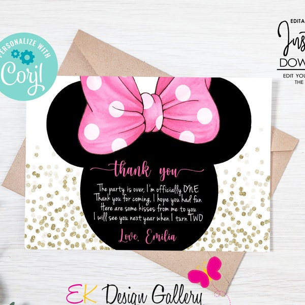 Girls Mouse Ears Thank you Card, Birthday Thank You, Instant Download Thank You Card, Mouse Thank You, Girl Theme, Corjl EDITABLE Template