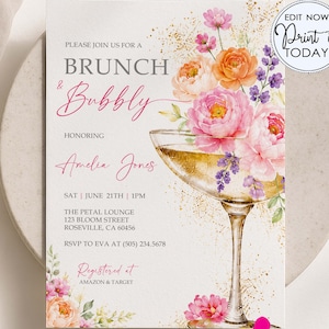 Invitación para despedida de soltera con brunch y champán, plantilla editable con diseño floral (descarga digital)