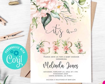 It's a Girl Baby Shower Invitation, Editable Pink Floral Invite (Digital Download)