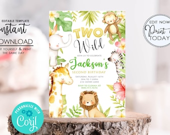 Two Wild Invitation: Jungle Safari Animals Birthday Invite (Editable, Instant Download)