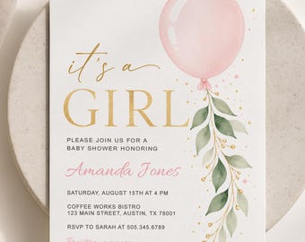 It's a Girl Invitation, Editable Pink Ballon Baby Shower Party Invite (Digital Download)