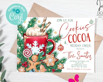 Cookies and Cocoa Birthday Invitation: Christmas Holiday Party Invite (EDITABLE, Instant Download)