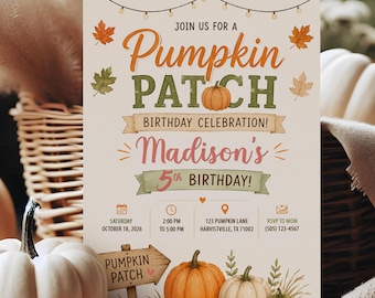 Pumpkin Patch Birthday Invitation, Editable Fall Farm Party Invite, Digital Download
