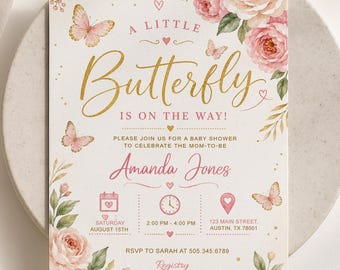 Butterfly Baby Shower Invitation, Editable Pink Baby Girl Shower Party Invite (Digital Download)