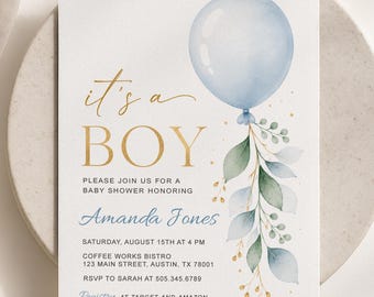 It's a Boy Invitation, Editable Blue Ballon Baby Shower Party Invite (Digital Download)