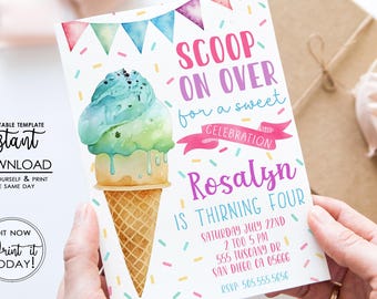 Ice Cream Birthday Party Invitation: IceCream Social Invite, Editable Digital Download