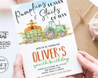 May include: A watercolor invitation with the text "Pumpkins Leaves & Stacks of Hay" and "Oliver's fourth birthday." The design features a green tractor pulling a wagon of pumpkins. The invitation is an editable template.