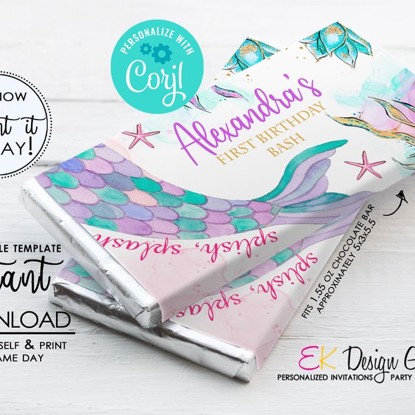 Mermaid Candy Bar Wrapper, Mermaid Birthday Party, Under The Sea Chocolate Wrapper, Party Favor, Instant Download, Corjl EDITABLE Template