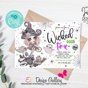 May include: A printable Halloween party invitation featuring a cartoon witch with pink hair and a purple dress. The text on the invitation reads "Join us for a Wicked Good Time".