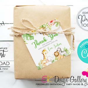Wild One Thank You Tag, Safari Animals Favor Gift Tag, Jungle Safari Thank You Tag Sticker, Instant Download, Corjl EDITABLE Template