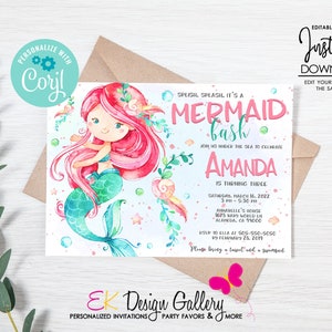Editable Mermaid Birthday Party Invitation Under the Sea Invite Girls Birthday Party Mermaid Theme Corjl Template, Instant Download