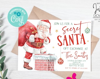 May include: A printable invitation for a Secret Santa gift exchange party. The invitation features a watercolor illustration of Santa Claus climbing down a chimney, with a red bag of gifts on his back. The text on the invitation reads "Join us for a Secret Santa Gift Exchange at The Smiths, Saturday December 20th from 6 PM, 123 Panewood Place, North Pole NF 22:00, RSVP to Amanda at 555-555-5555".
