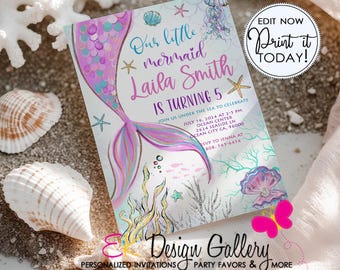 Mermaid Tail Birthday Invitation, Under the Sea Party Invite, Girls Theme (Editable Template, Digital Download)