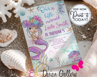 Mermaid Birthday Invitation, Under the Sea Theme Party Invite (Editable Template, Instant Download)