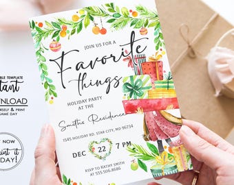 Puede incluir: Una invitación a una fiesta navideña de "Favorite Things", con ilustraciones de acuarela de regalos y vegetación. La invitación se sostiene en las manos de una persona. El texto incluye la fecha, la hora y los detalles de RSVP.