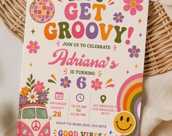 Let's Get Groovy Birthday Invitation Template, Retro Hippie Bus Party (Digital Download)