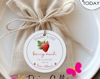 Strawberry Thank You Tag, Berry Sweet Birthday, Round Party Favor Label (Editable, Instant Download)