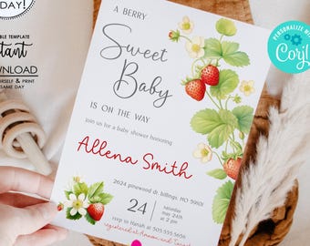 Berry Sweet Baby Shower Invitation, Strawberry Invite (Editable Template, Digital Download)