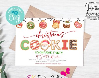 May include: Editable Christmas Cookie Exchange Party invitation template with a festive design featuring gingerbread cookies, a Santa Claus cookie, and the text "Christmas Cookie Exchange Party".