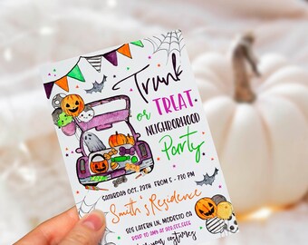 May include: A white invitation card with a cartoon illustration of a purple car filled with pumpkins, ghosts, and candy. The text on the card reads "Trunk or Treat Neighborhood Party" and includes details about the event, such as the date, time, and location.